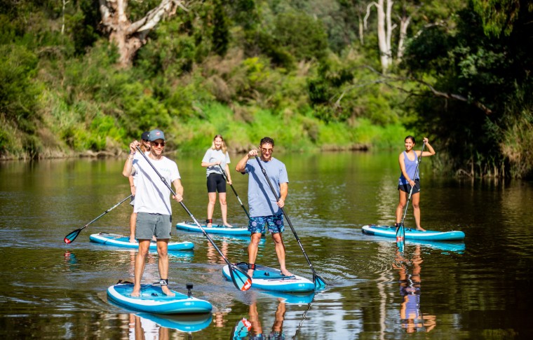 Tour group on standup paddleboards on the water