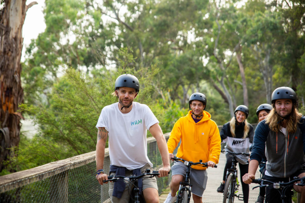 A tour group biking on a path observing nature